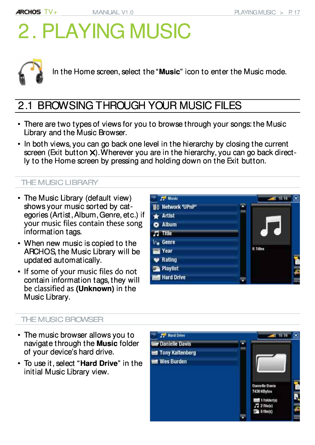Archos 500973 user manual Playing Music, Browsing Through Your Music Files 