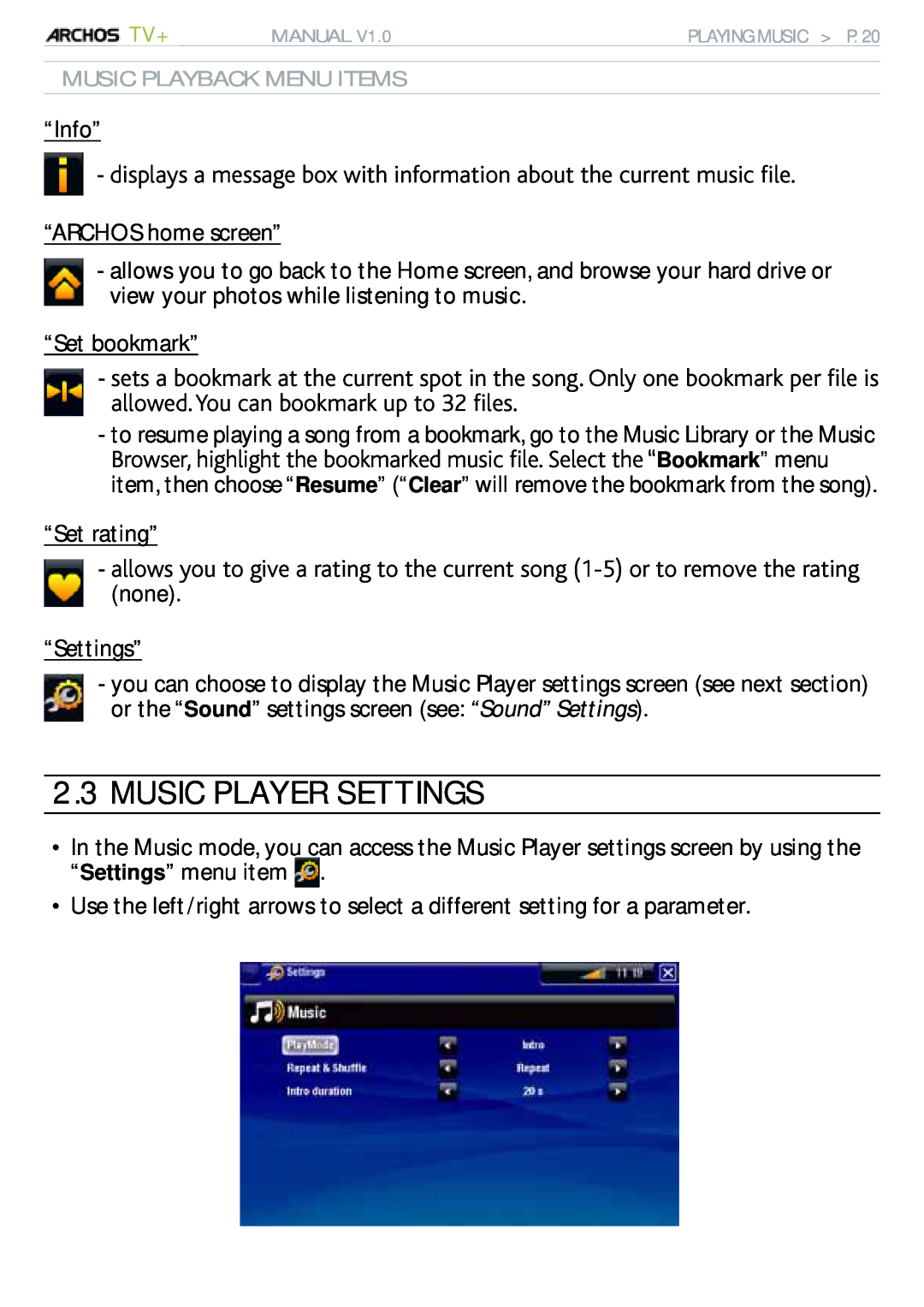 Archos 500973 user manual Music Player Settings, Music Playback Menu Items 