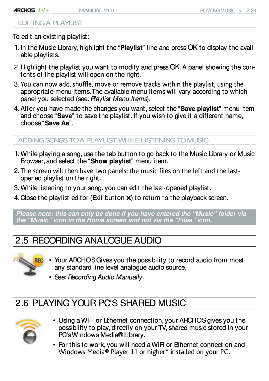 Archos 500973 user manual Recording Analogue Audio, Playing Your Pc’S Shared Music, See Recording Audio Manually 