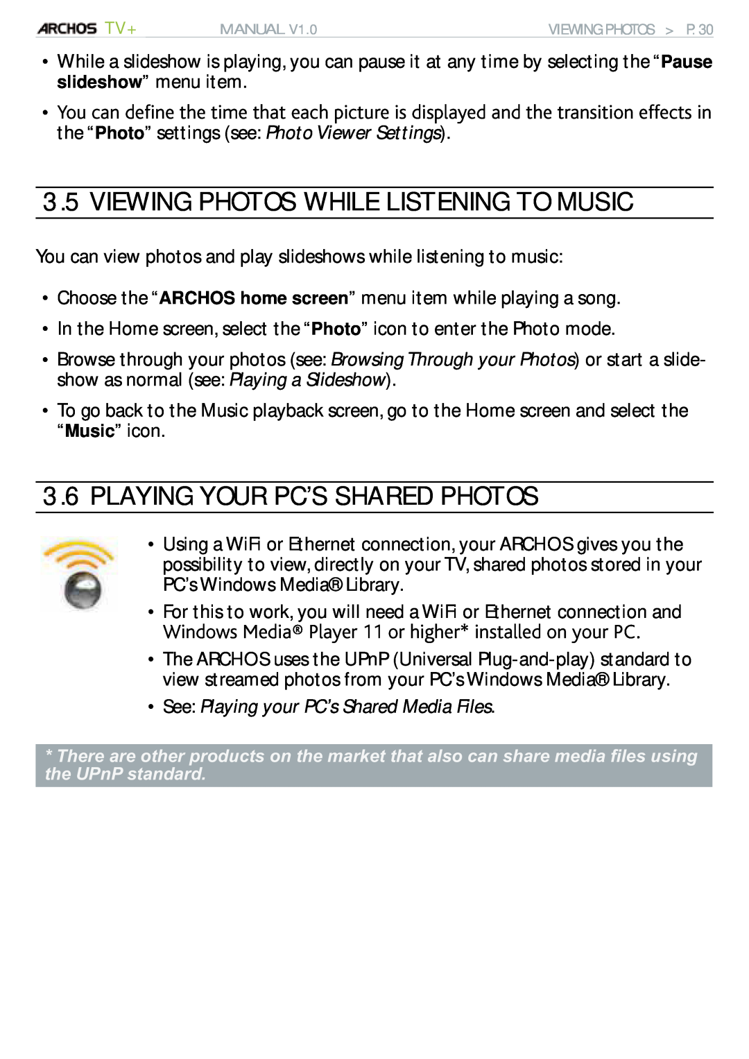 Archos 500973 user manual Viewing Photos While Listening To Music, Playing Your Pc’S Shared Photos 