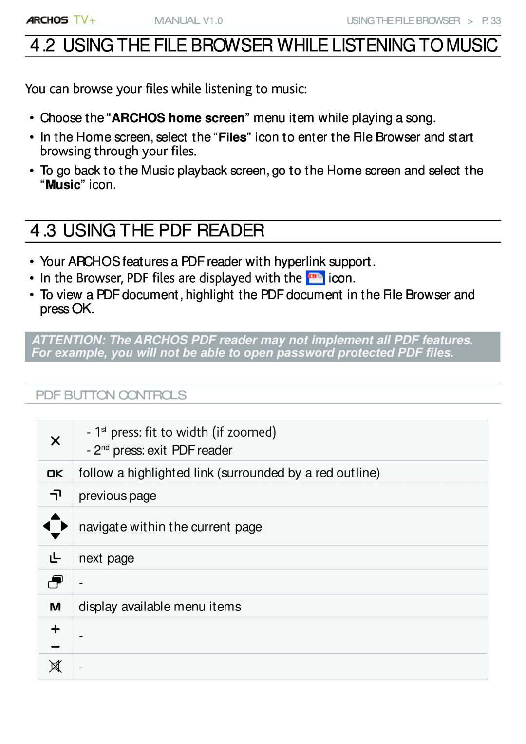 Archos 500973 user manual Using The Pdf Reader, Using The File Browser While Listening To Music 