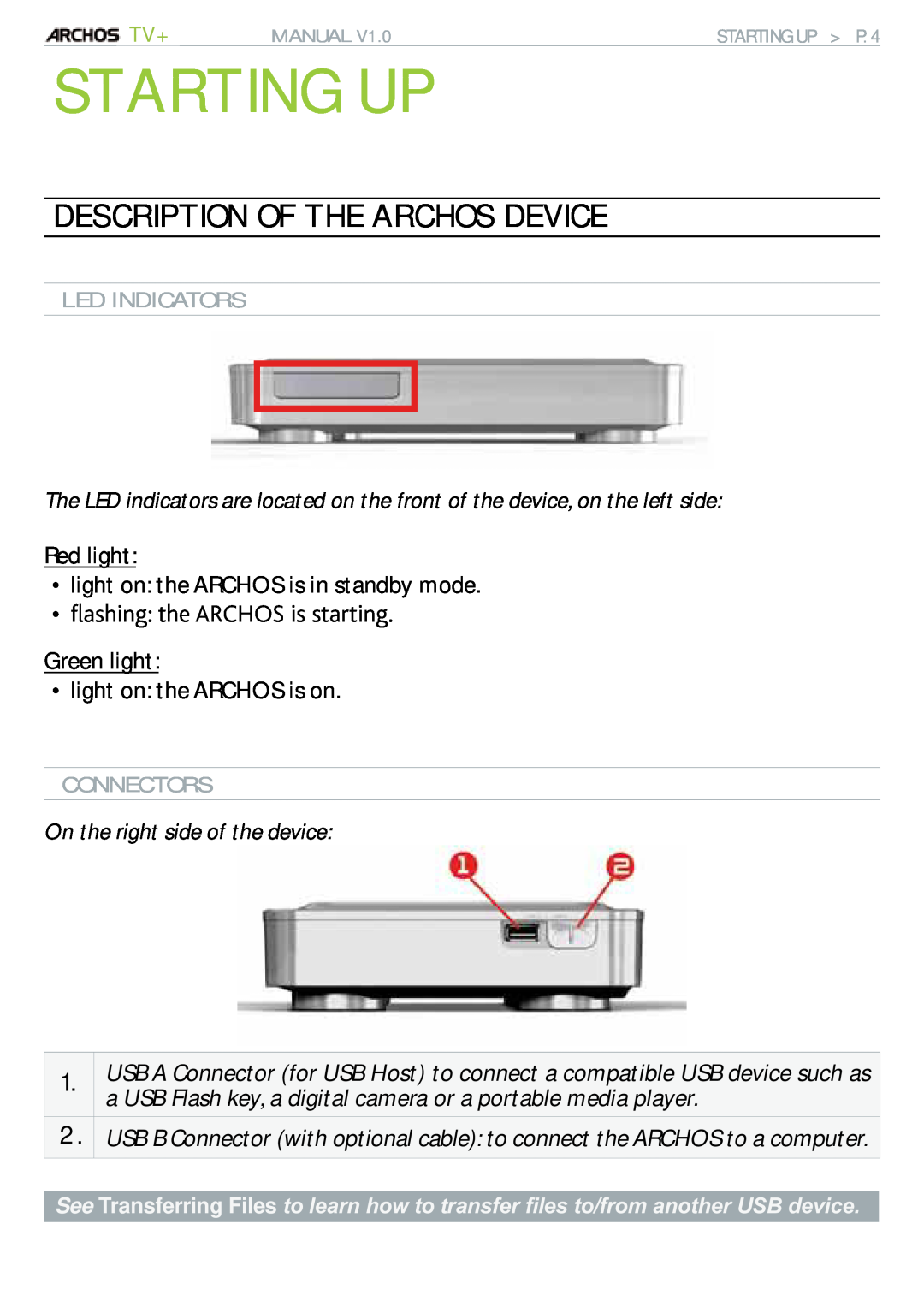Archos 500973 user manual Starting Up, Description Of The Archos Device 