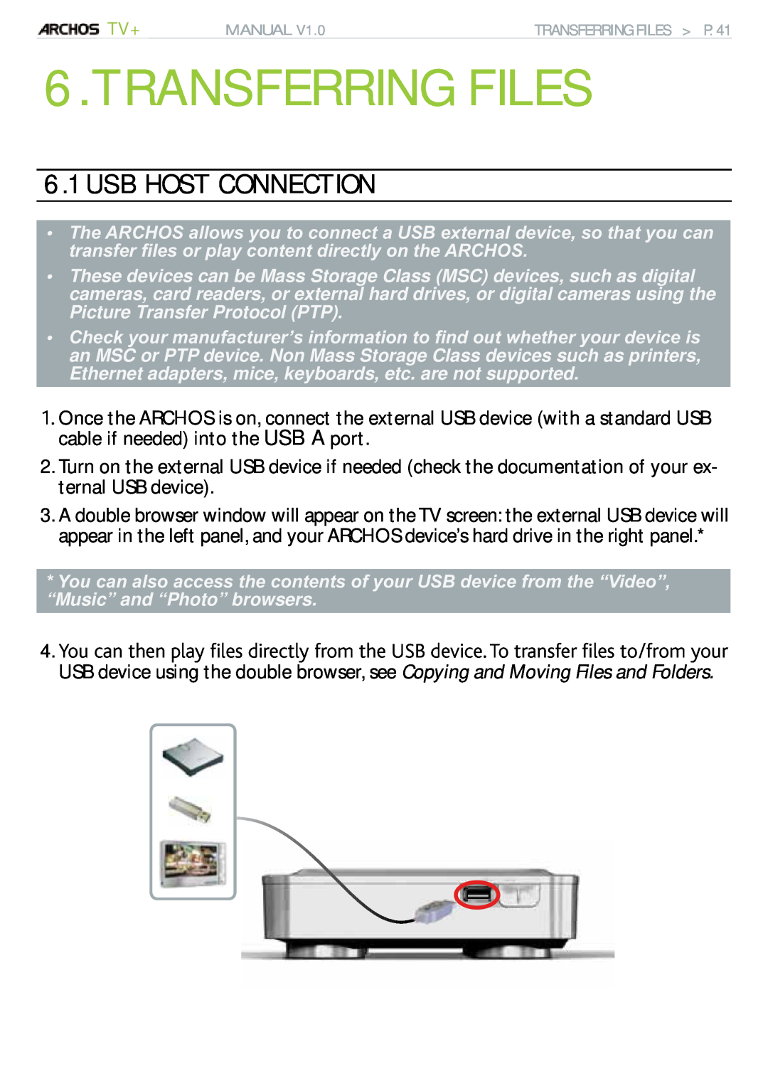Archos 500973 user manual Transferring Files, Usb Host Connection 