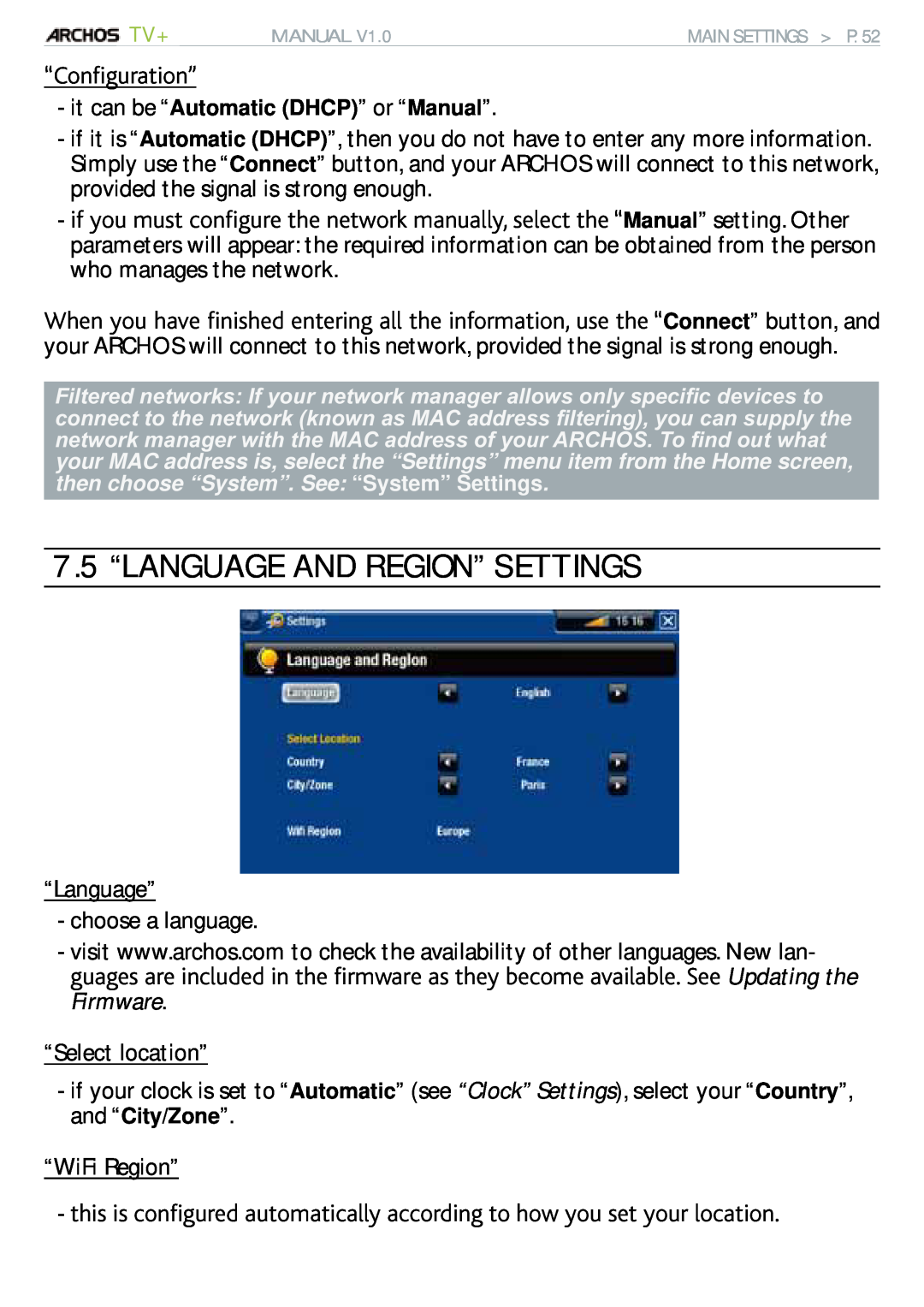 Archos 500973 user manual 7.5 “LANGUAGE AND REGION” SETTINGS, it can be “Automatic DHCP” or “Manual”, Main Settings P 