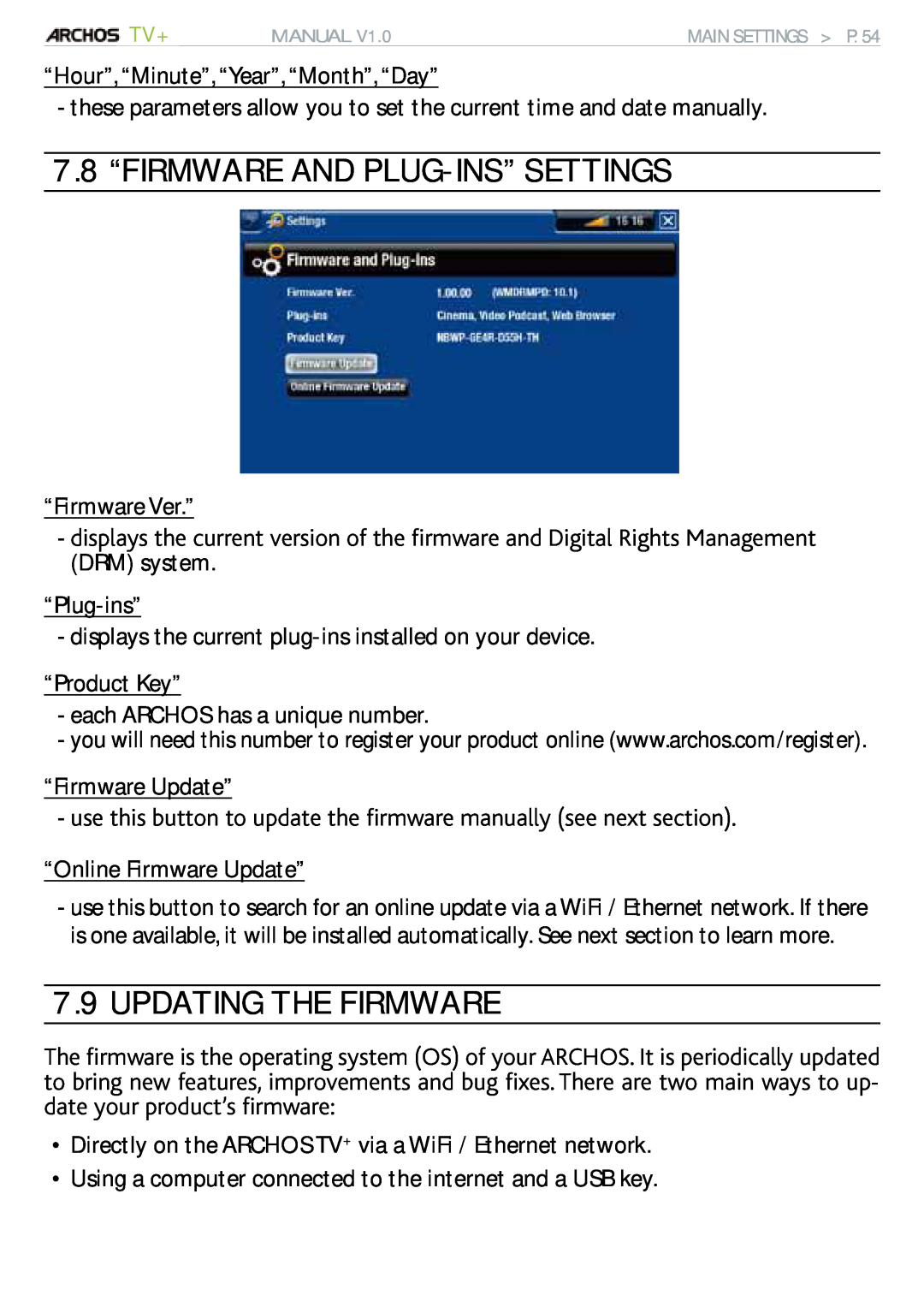 Archos 500973 user manual 7.8 “FIRMWARE AND PLUG-INS” SETTINGS, Updating The Firmware 