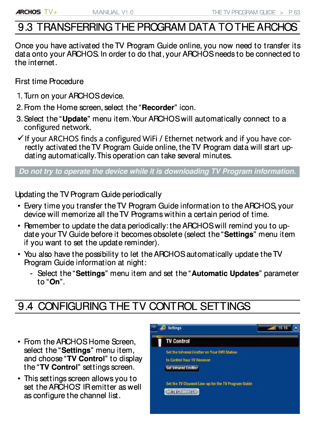 Archos 500973 user manual Configuring The Tv Control Settings, Transferring The Program Data To The Archos 