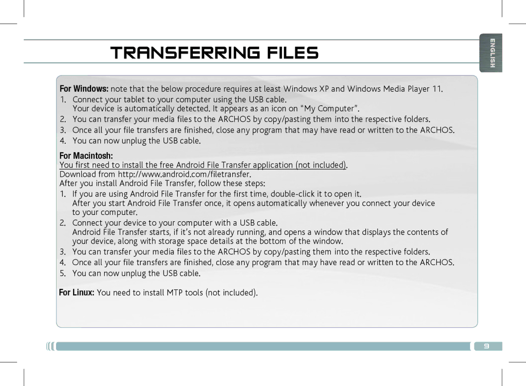 Archos 501889 manual Transferring Files, You can now unplug the USB cable, For Macintosh 