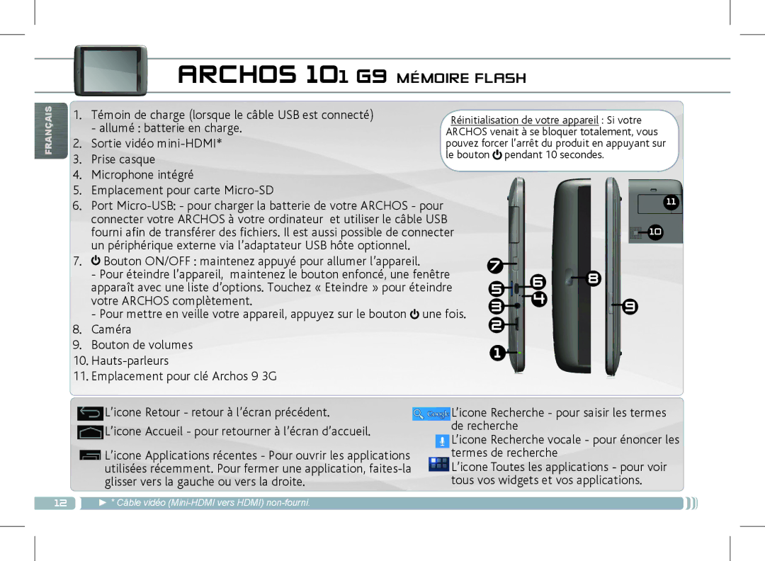 Archos 501889 manual Archos 101 G9 Mémoire Flash 