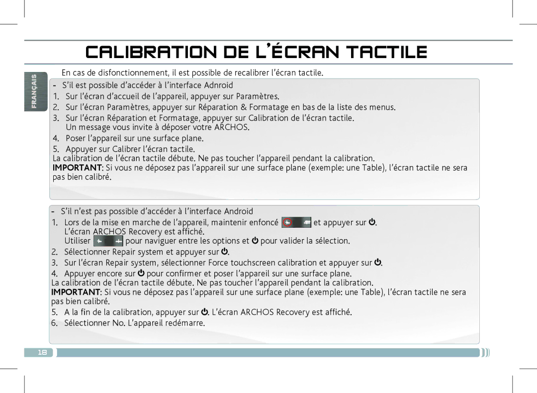 Archos 501889 manual Calibration DE L’ÉCRAN Tactile 