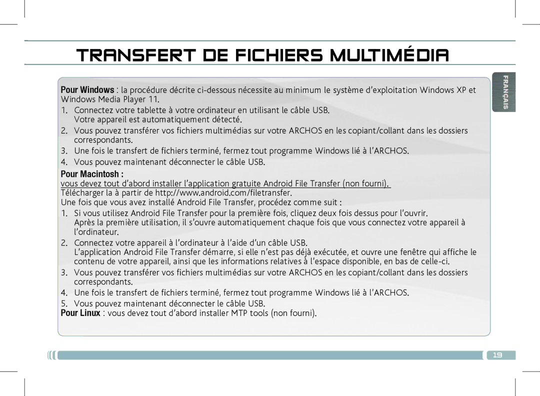 Archos 501889 manual Transfert DE Fichiers Multimédia, Pour Macintosh 