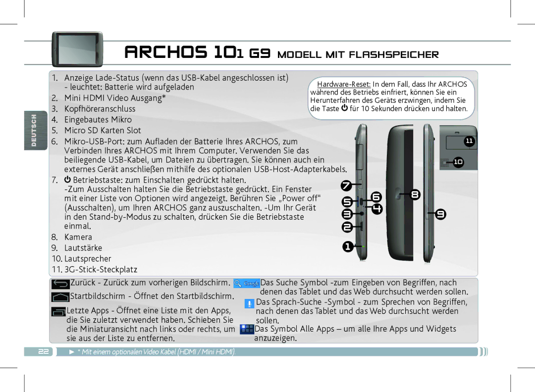 Archos 501889 manual Archos 101 G9 Modell MIT Flashspeicher 