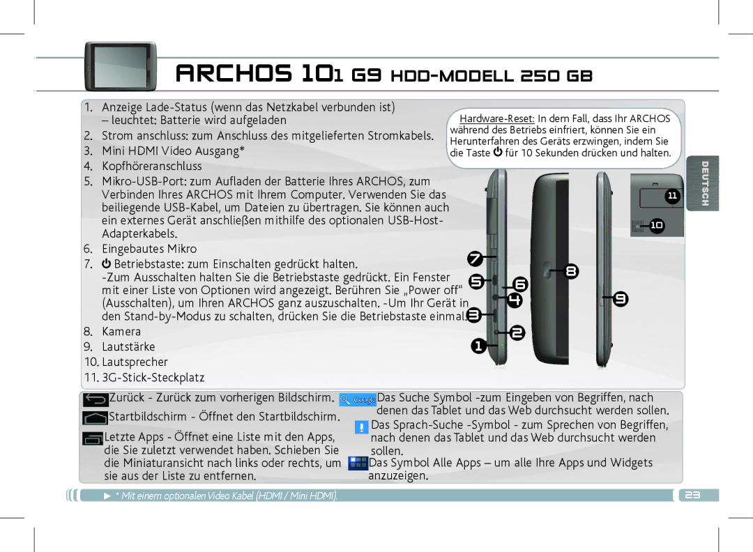 Archos 501889 manual Archos 101 G9 HDD-MODELL 250 GB, Mikro-USB-Port zum Aufladen der Batterie Ihres ARCHOS, zum 