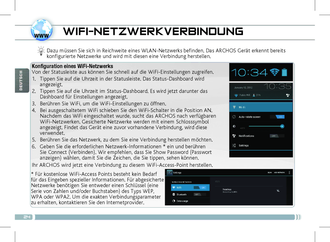 Archos 501889 manual Www WIFI-NETZWERKVERBINDUNG, Konfiguration eines WiFi-Netzwerks 