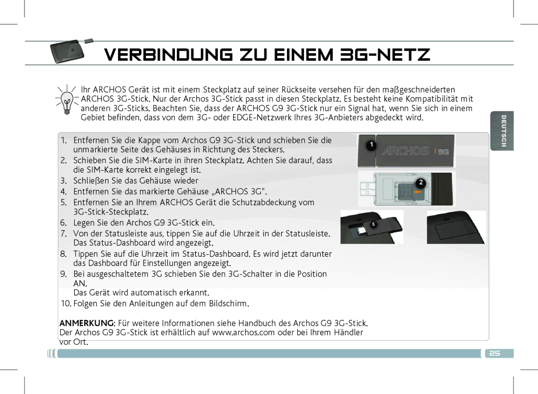 Archos 501889 manual Verbindung ZU Einem 3G-NETZ 