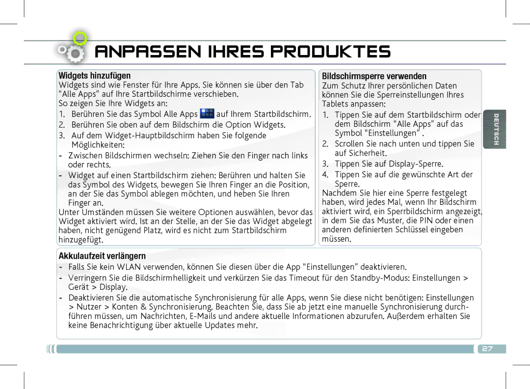 Archos 501889 manual Widgets hinzufügen Bildschirmsperre verwenden, Akkulaufzeit verlängern 