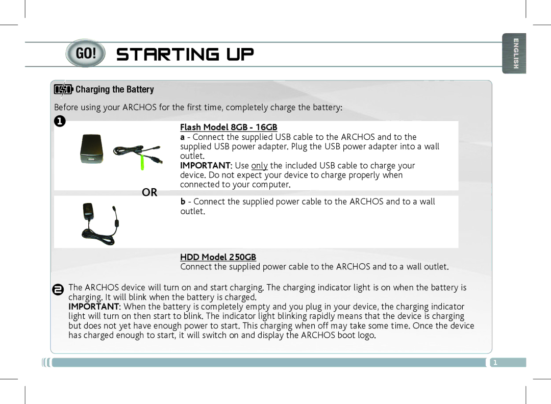 Archos 501889 manual Starting UP, Charging the Battery, Flash Model 8GB 16GB, HDD Model 250GB 