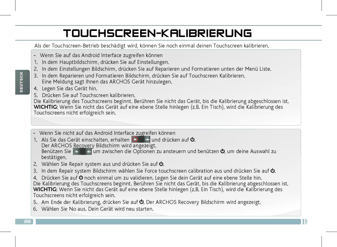 Archos 501889 manual Touchscreen-Kalibrierung 