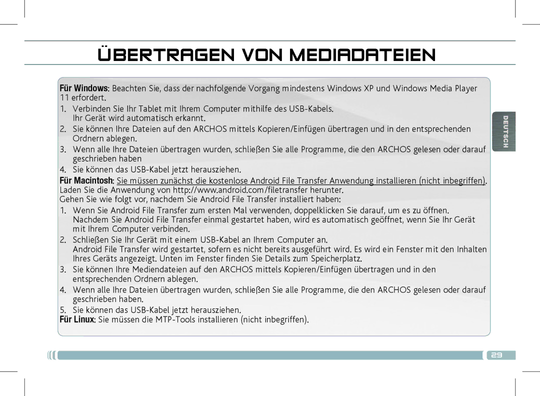 Archos 501889 manual Übertragen VON Mediadateien 