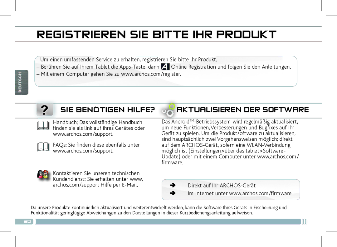 Archos 501889 manual Registrieren SIE Bitte IHR Produkt, ? SIE Benötigen HILFE? Aktualisieren DER Software 