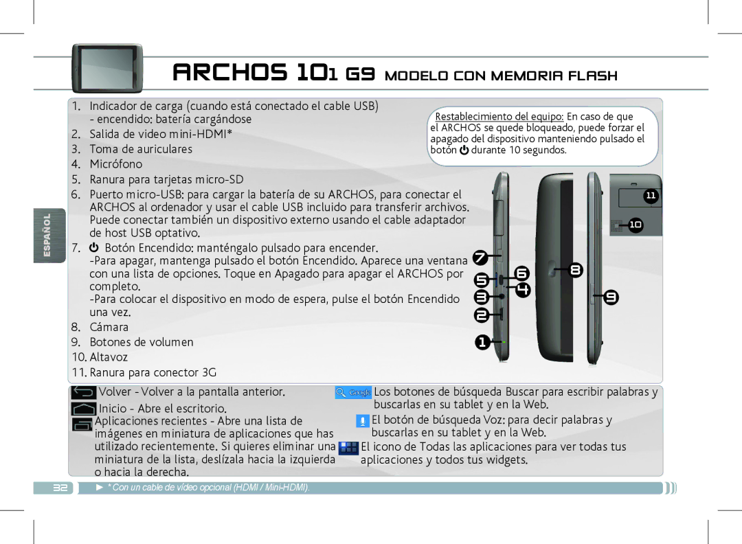 Archos 501889 manual Archos 101 G9 Modelo CON Memoria Flash 