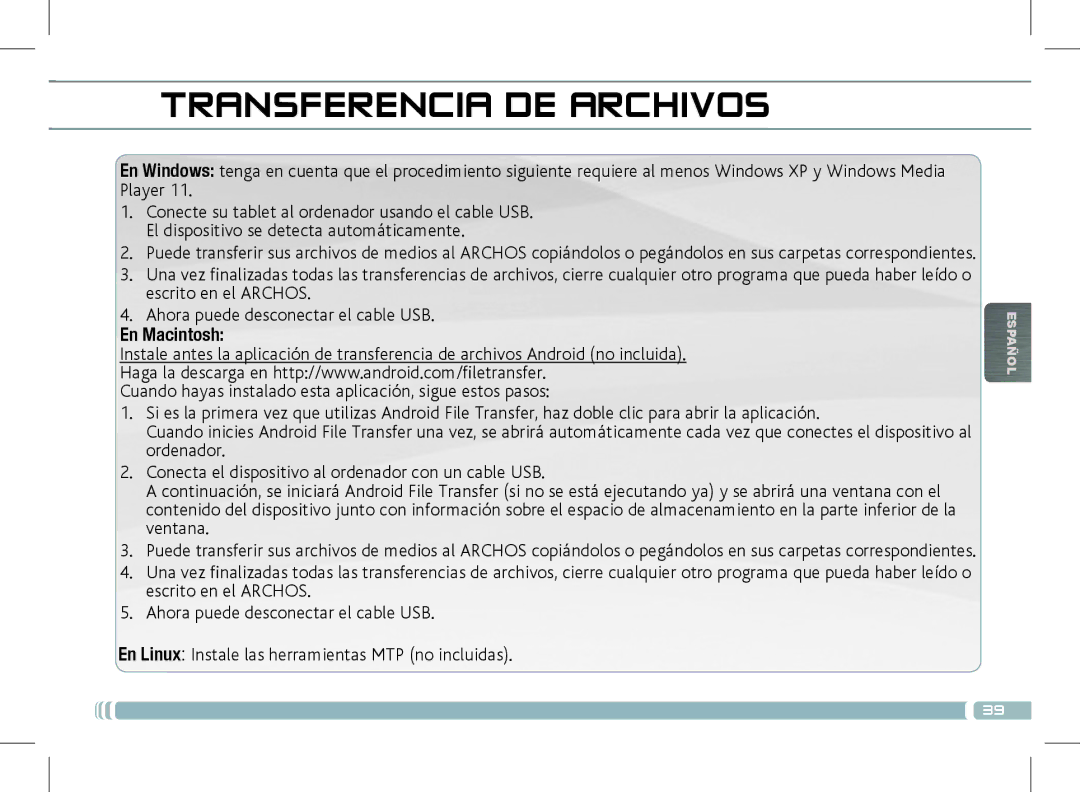 Archos 501889 manual Transferencia DE Archivos, En Macintosh 