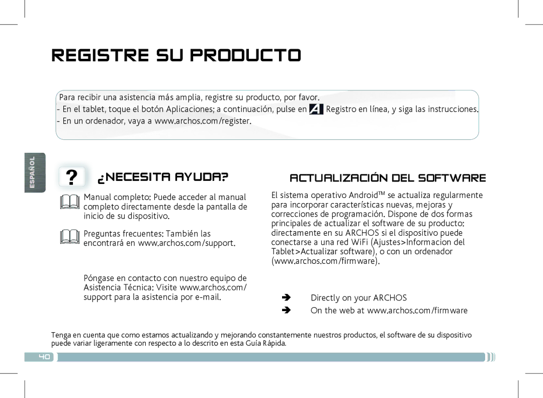 Archos 501889 manual Registre SU Producto, ? ¿Necesita Ayuda? 