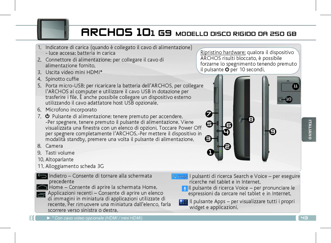 Archos 501889 manual Archos 101 G9 Modello Disco Rigido DA 250 GB, Alimentazione fornito 