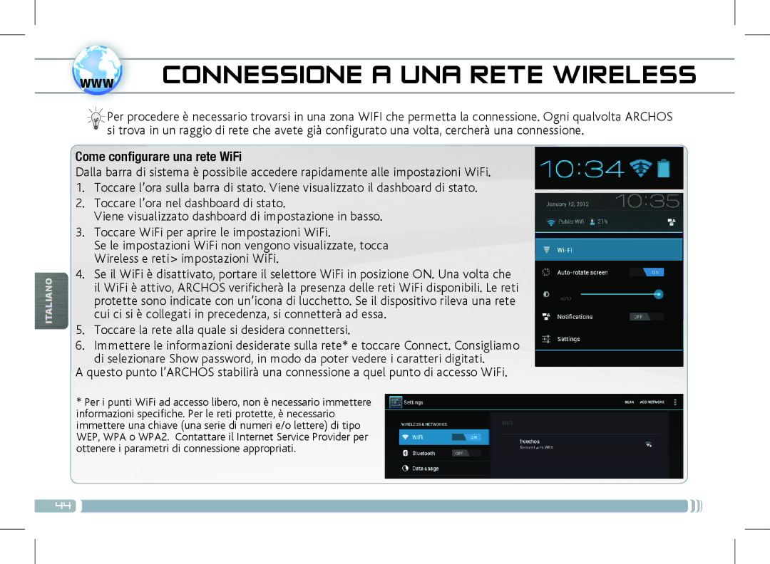 Archos 501889 manual Come configurare una rete WiFi, Toccare la rete alla quale si desidera connettersi 