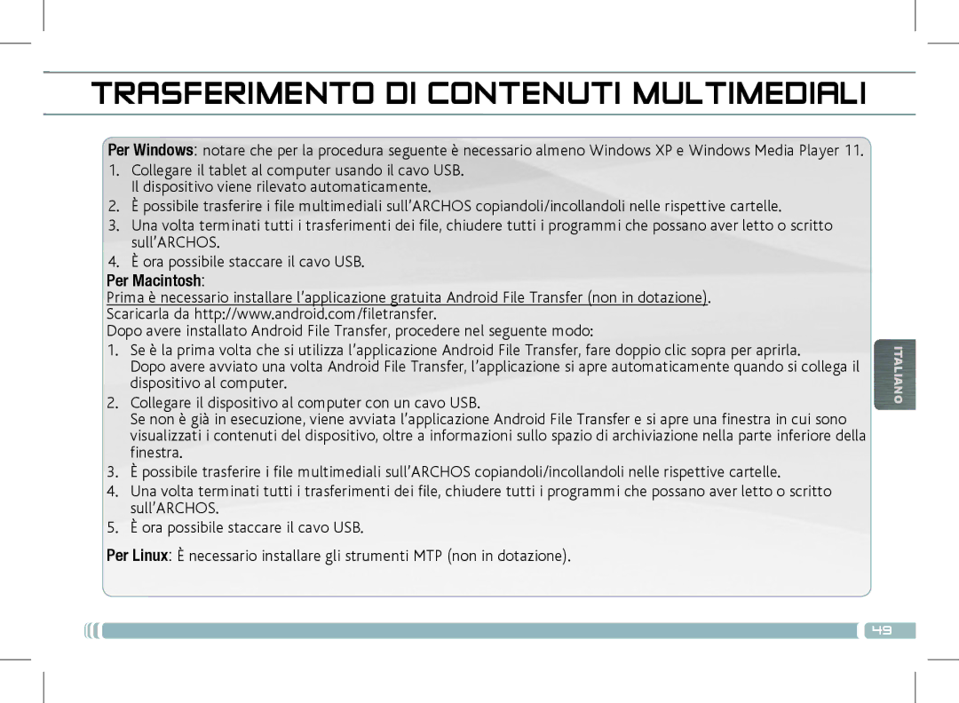 Archos 501889 manual Trasferimento DI Contenuti Multimediali, Per Macintosh 