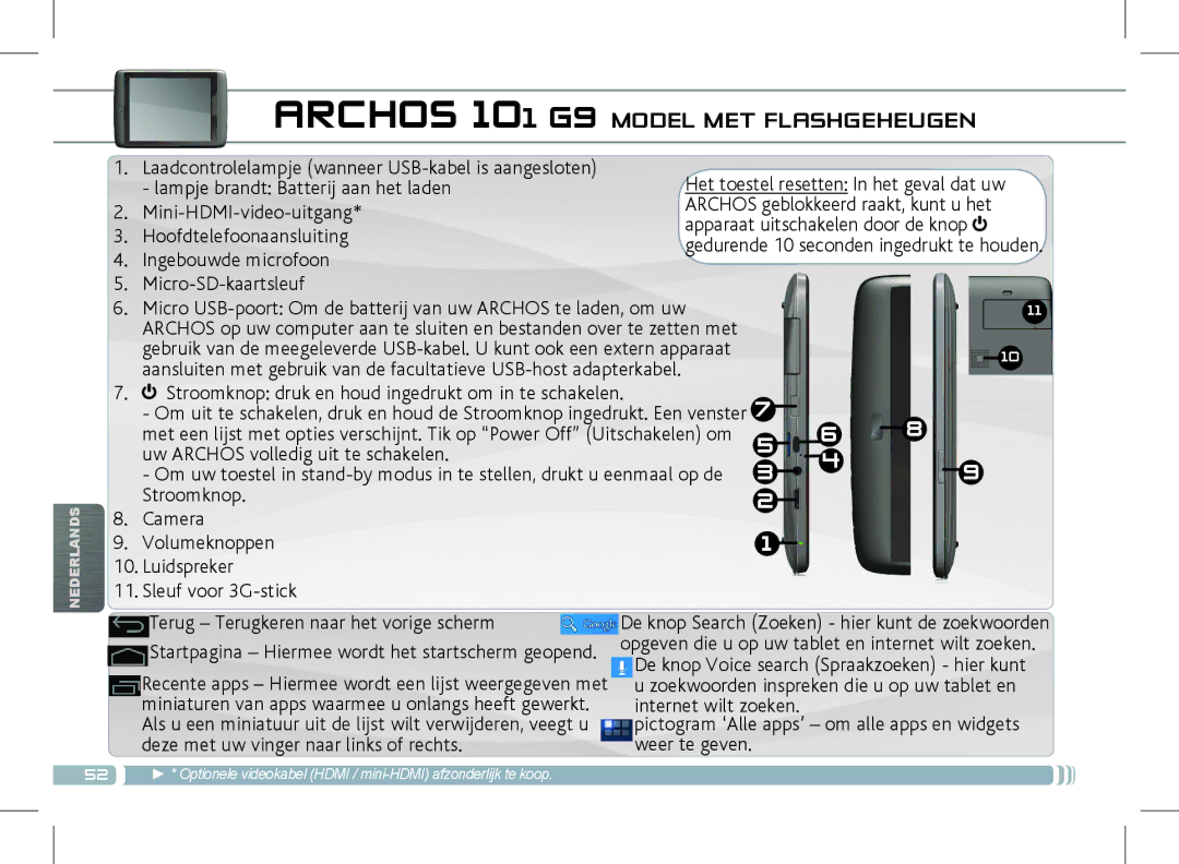 Archos 501889 manual Archos 101 G9 Model MET Flashgeheugen 