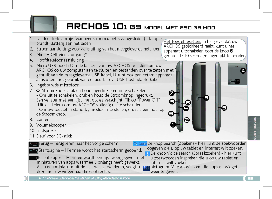 Archos 501889 manual Archos 101 G9 Model MET 250 GB HDD, Mini-HDMI-video-uitgang 