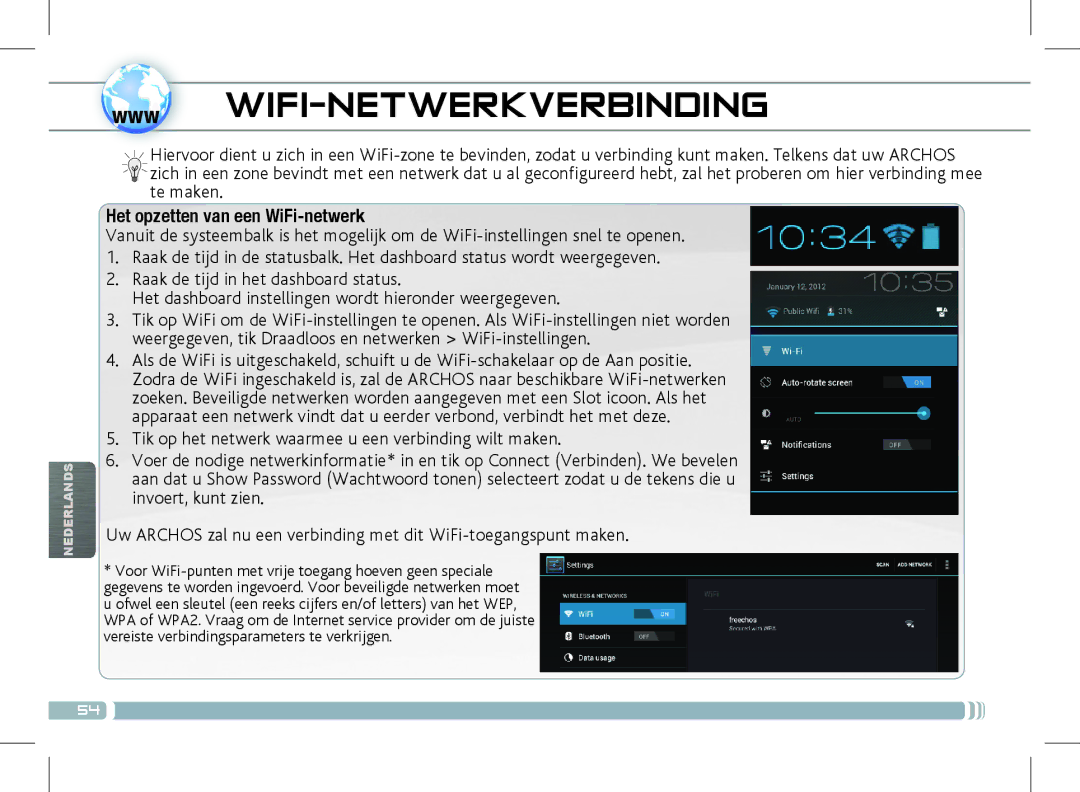 Archos 501889 manual Www WIFI-NETWERKVERBINDING, Het opzetten van een WiFi-netwerk 