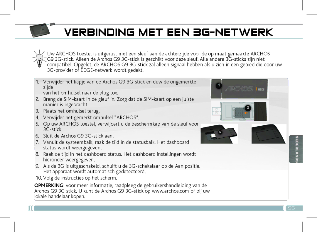 Archos 501889 manual Verbinding MET EEN 3G-NETWERK 