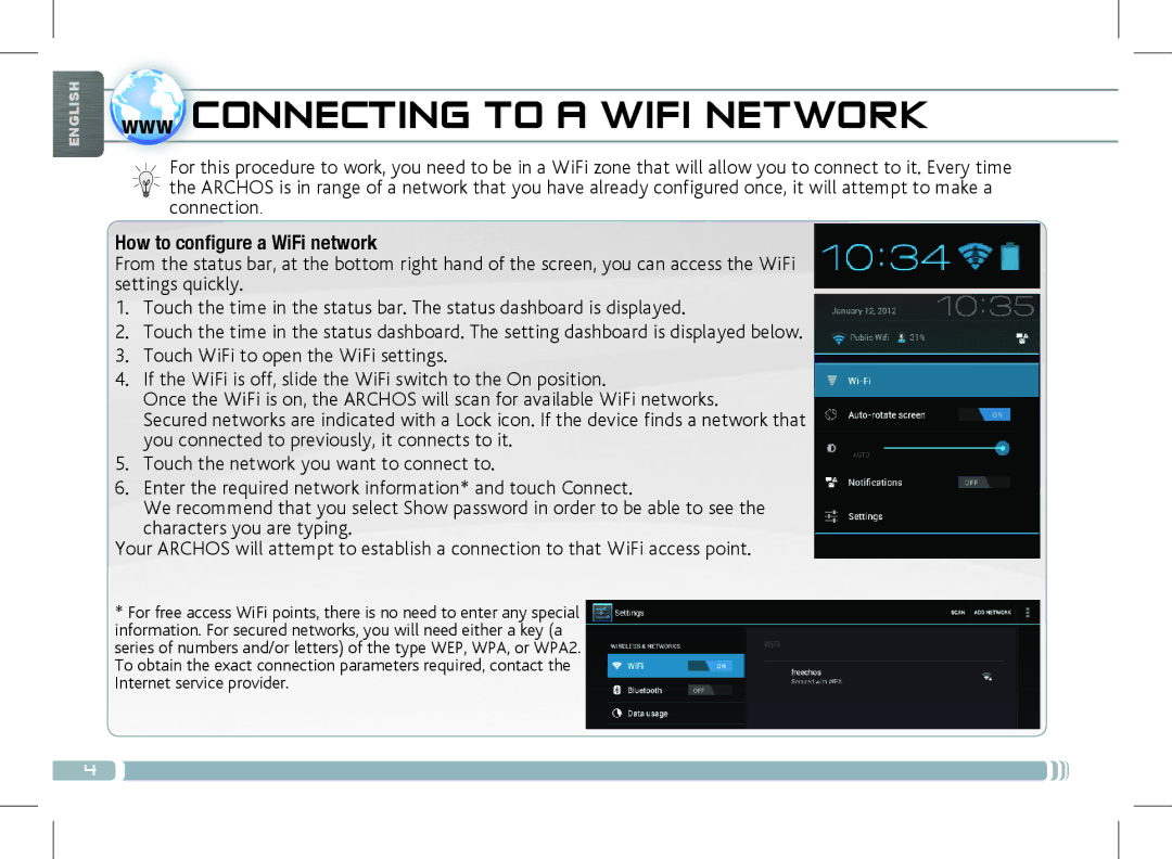 Archos 501889 manual Www Connecting to a Wifi Network, How to configure a WiFi network 