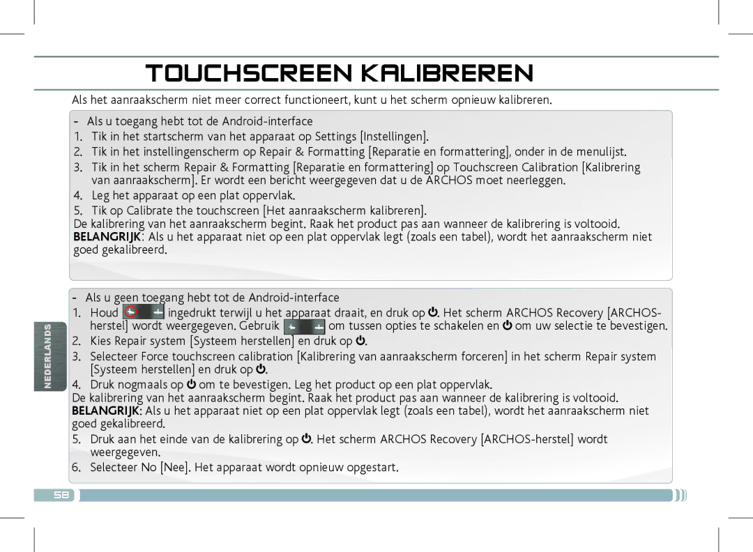 Archos 501889 manual Touchscreen Kalibreren, Herstel wordt weergegeven. Gebruik 