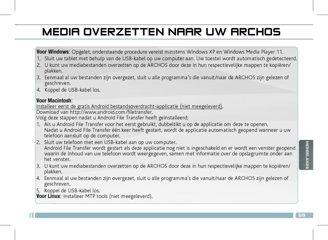 Archos 501889 manual Media Overzetten Naar UW Archos, Voor Macintosh 