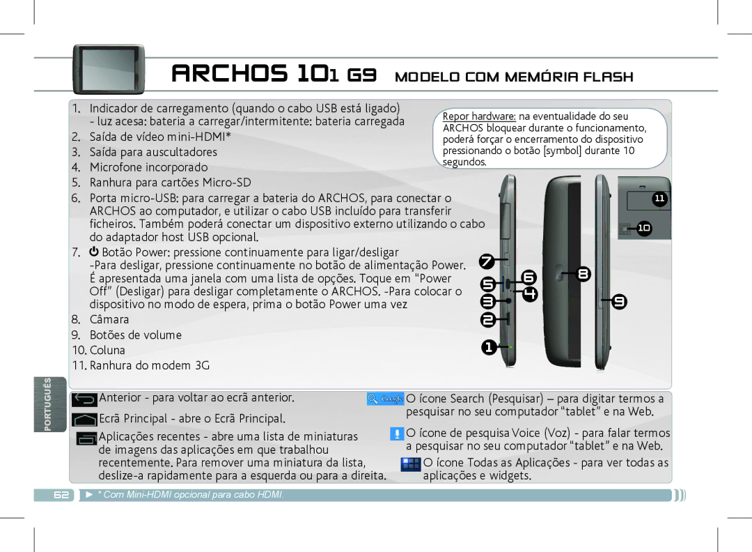 Archos 501889 manual Archos 101 G9 Modelo COM Memória Flash 