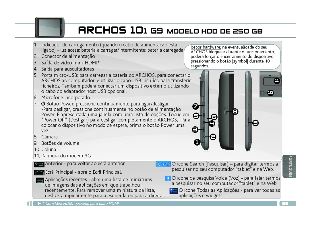 Archos 501889 manual Archos 101 G9 Modelo HDD DE 250 GB, Conector de alimentação, Ecrã Principal abre o Ecrã Principal 