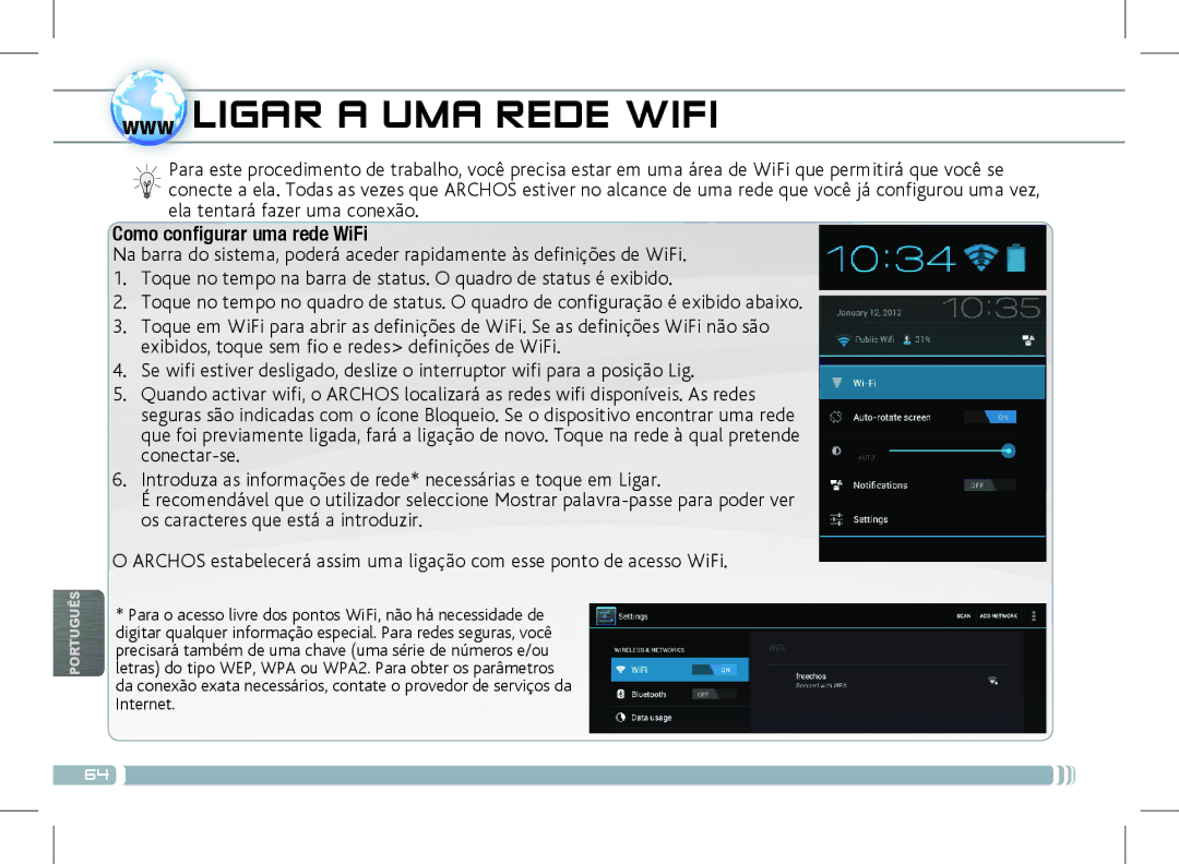 Archos 501889 manual Www Ligar a UMA Rede Wifi, Como configurar uma rede WiFi 