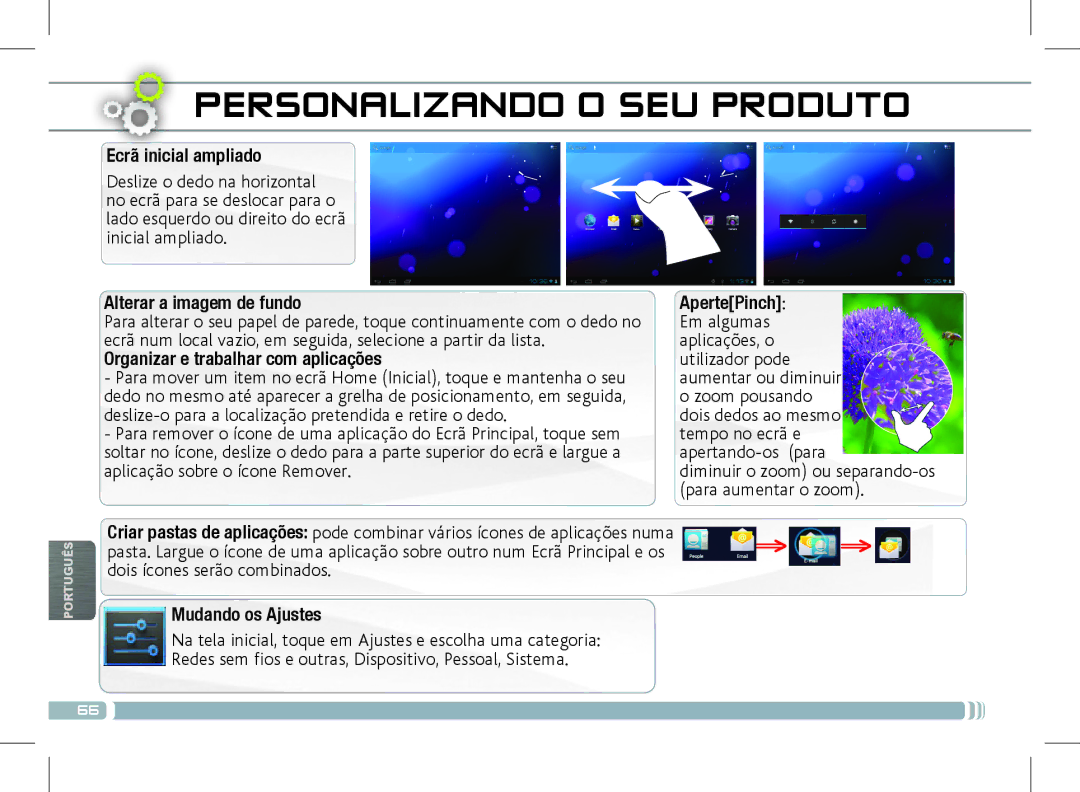 Archos 501889 manual Personalizando O SEU Produto, Ecrã inicial ampliado, Alterar a imagem de fundo ApertePinch 