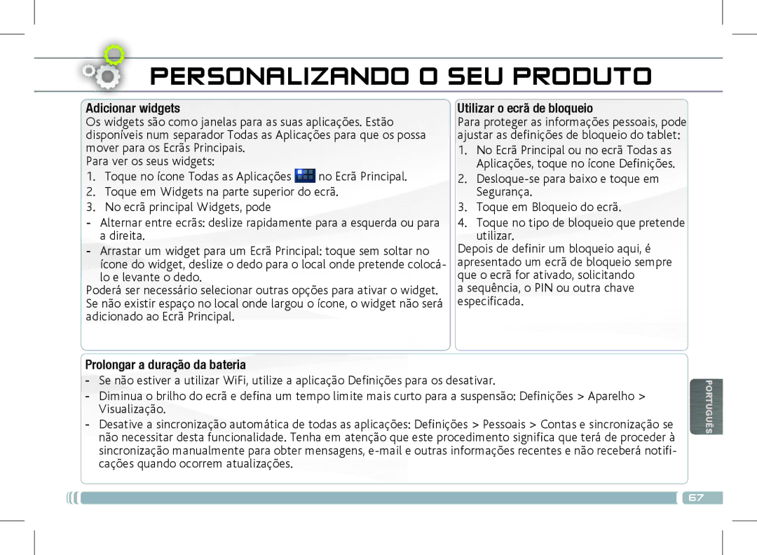 Archos 501889 manual Adicionar widgets, Utilizar o ecrã de bloqueio, Sequência, o PIN ou outra chave especificada 