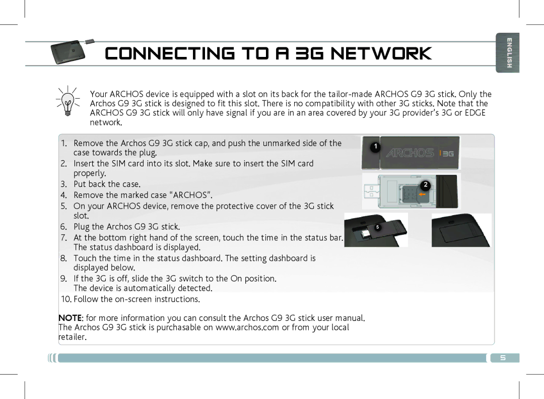 Archos 501889 manual Connecting to a 3G Network 