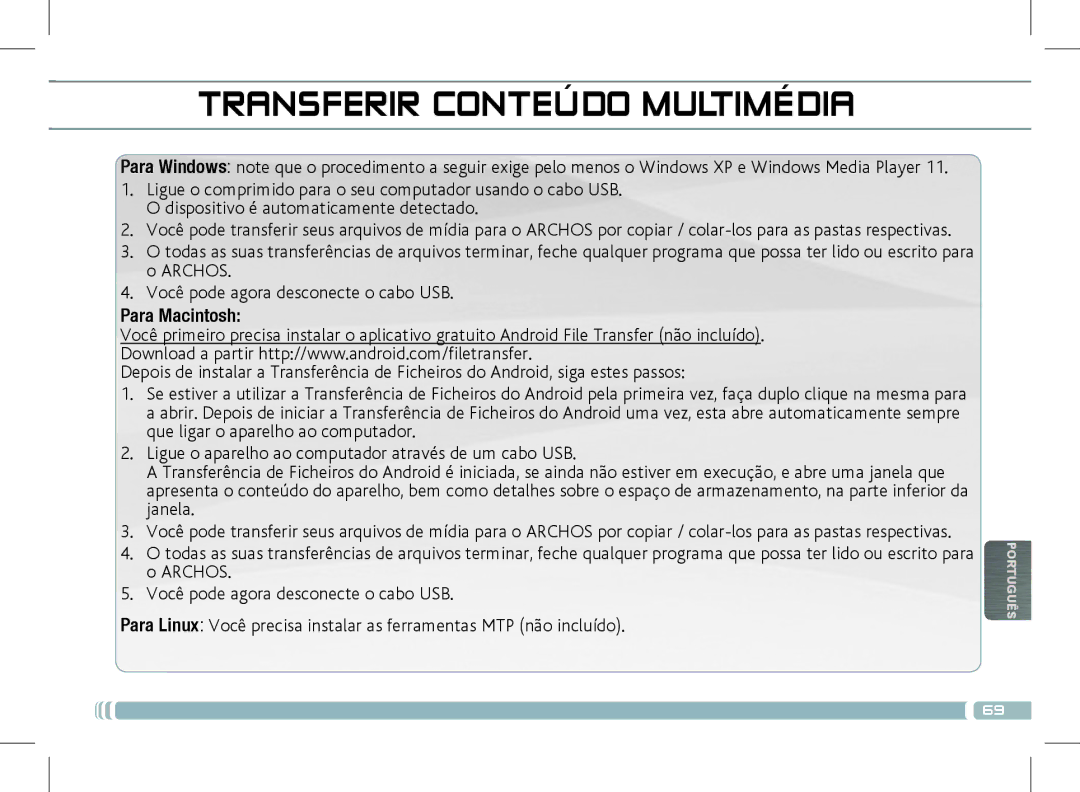 Archos 501889 manual Transferir Conteúdo Multimédia, Para Macintosh 