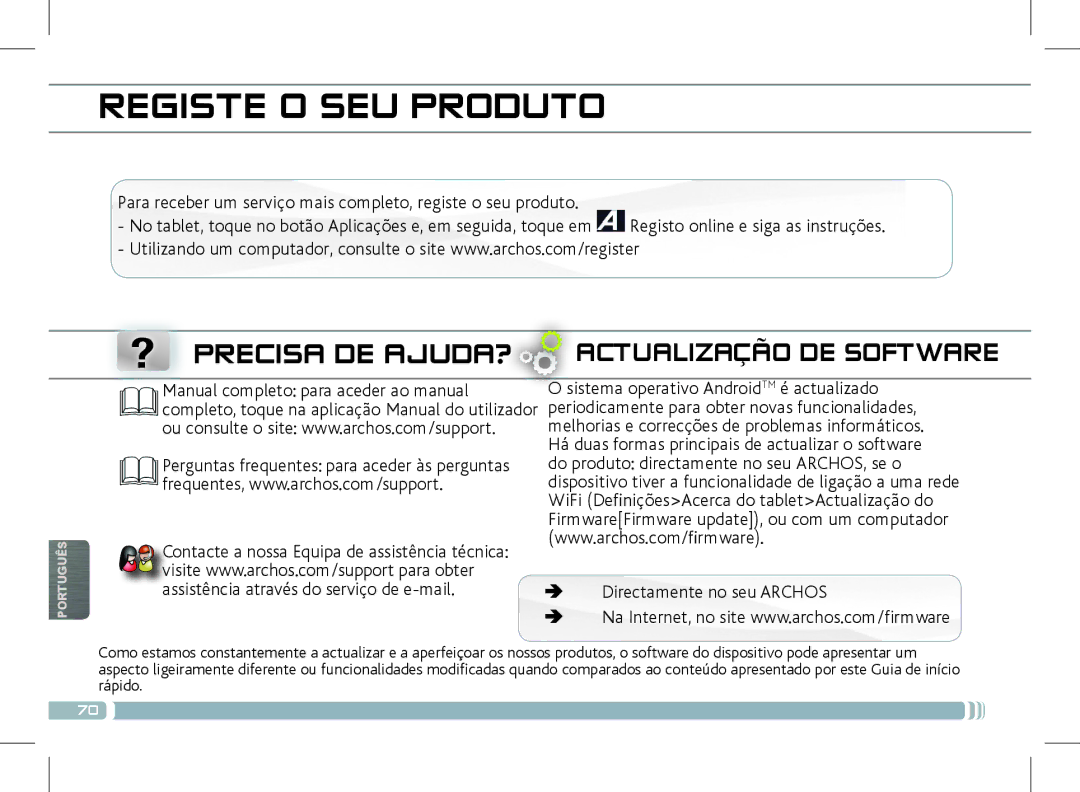 Archos 501889 manual Registe O SEU Produto 