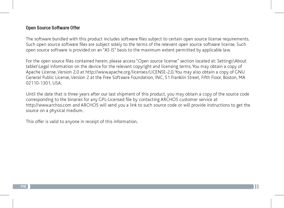 Archos 501889 manual Open Source Software Offer, This offer is valid to anyone in receipt of this information 
