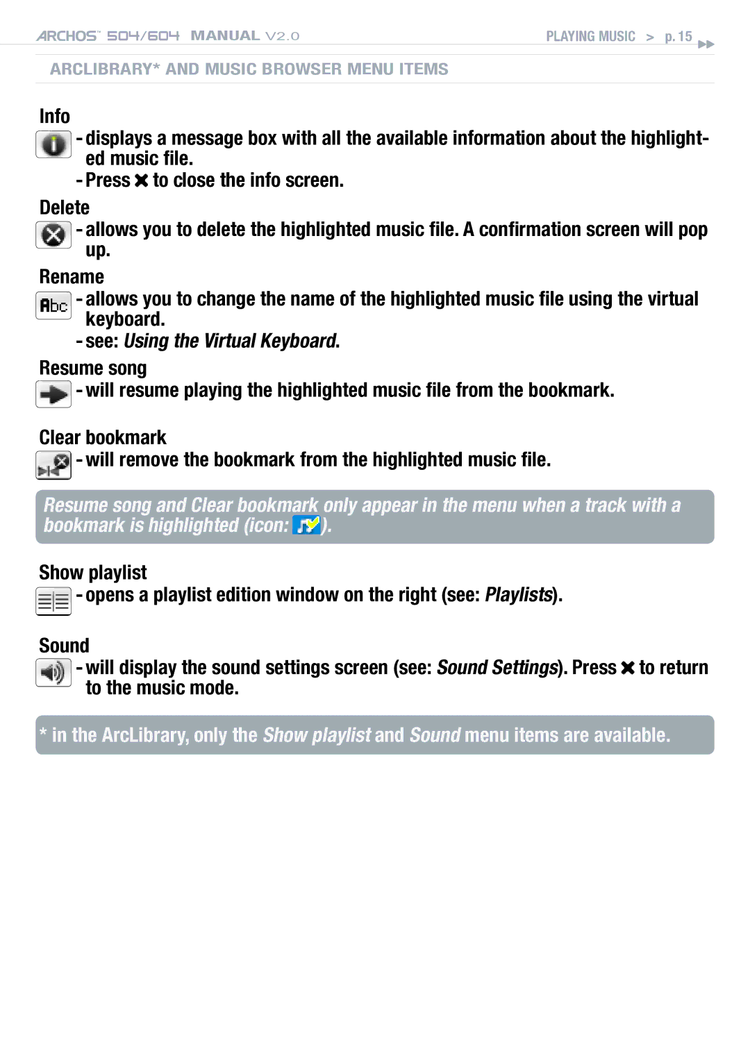 Archos 504 user manual ARCLibrary* and Music Browser Menu Items 