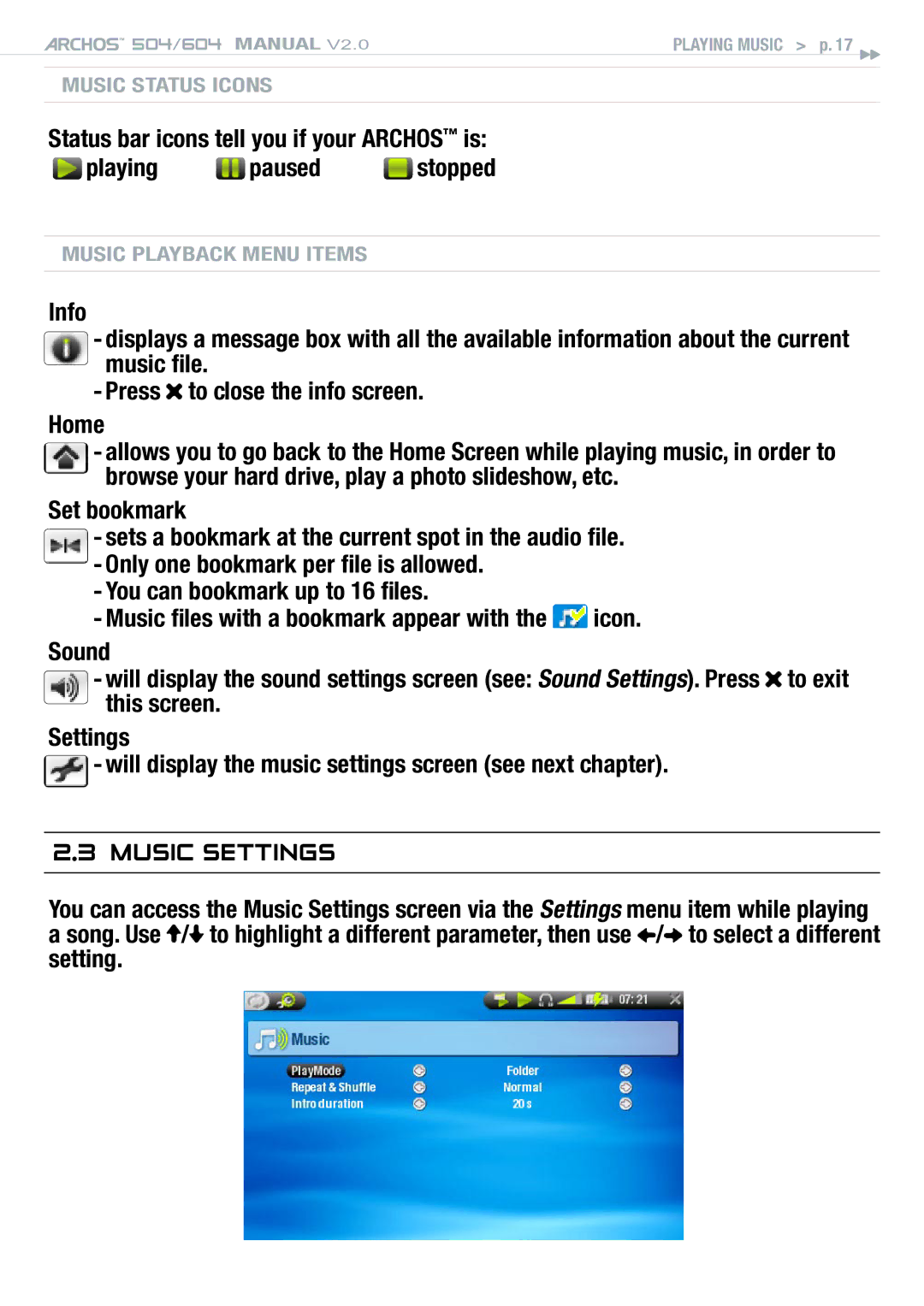 Archos 504 user manual Music Settings 