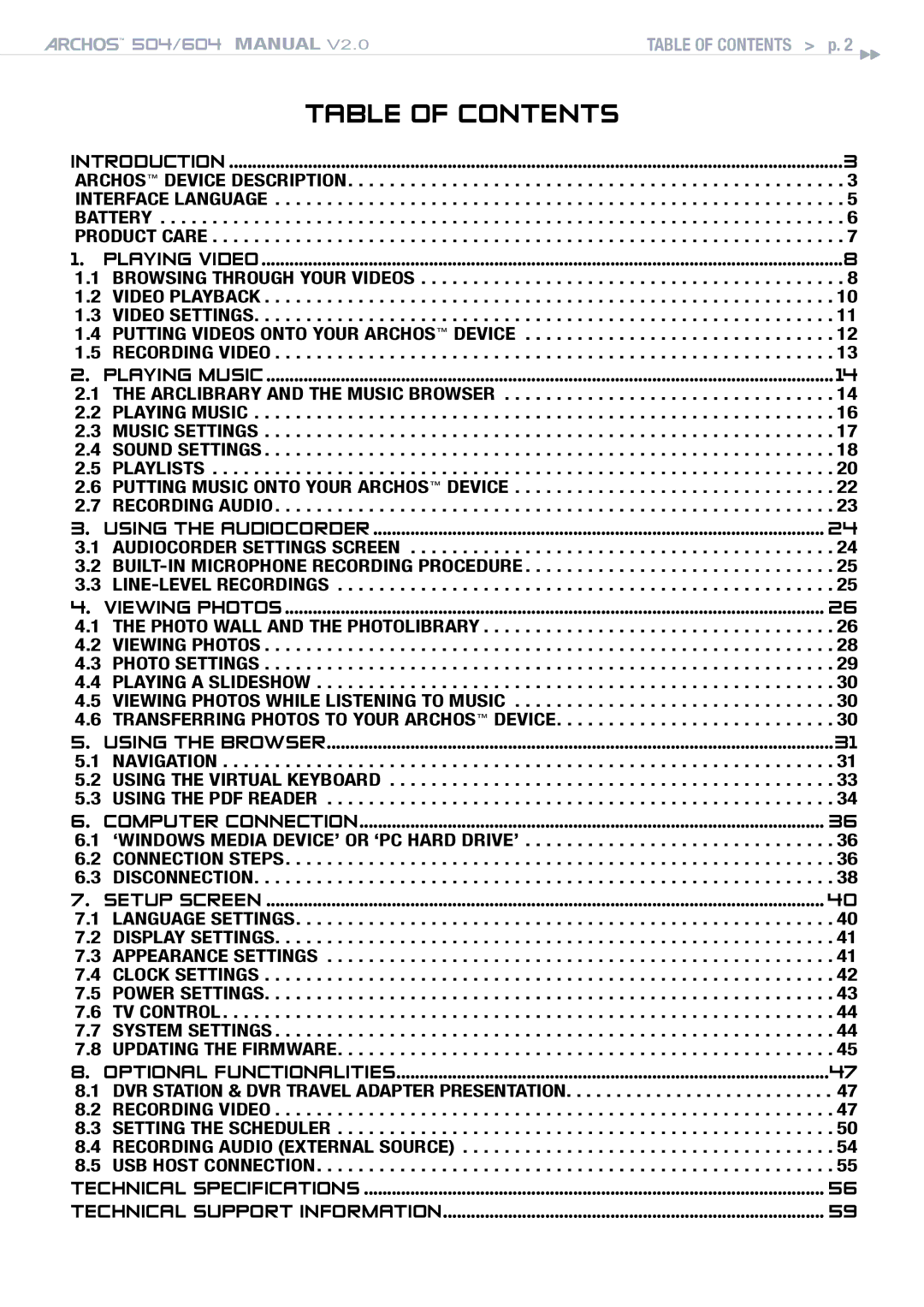 Archos 504 user manual Table Of Contents 