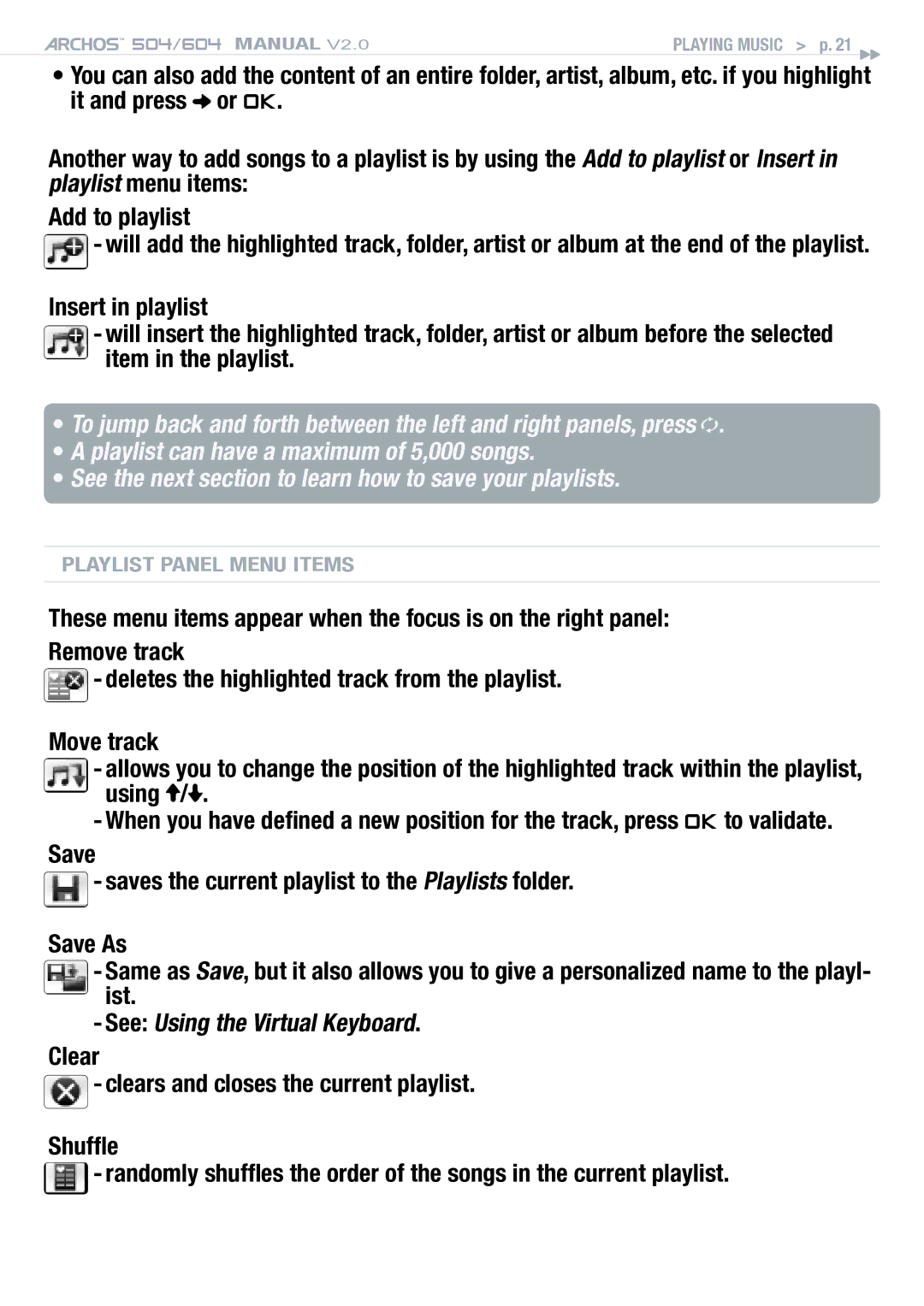 Archos 504 user manual Playlist Panel Menu Items 