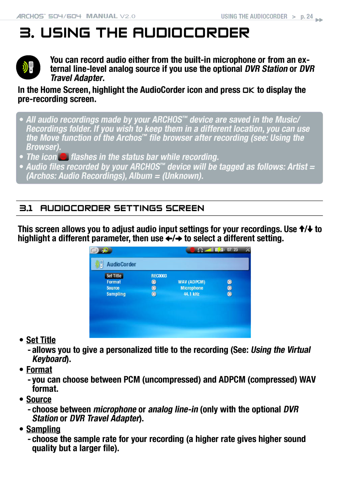 Archos 504 user manual Using the AudioCorder, AudioCorder settings screen 